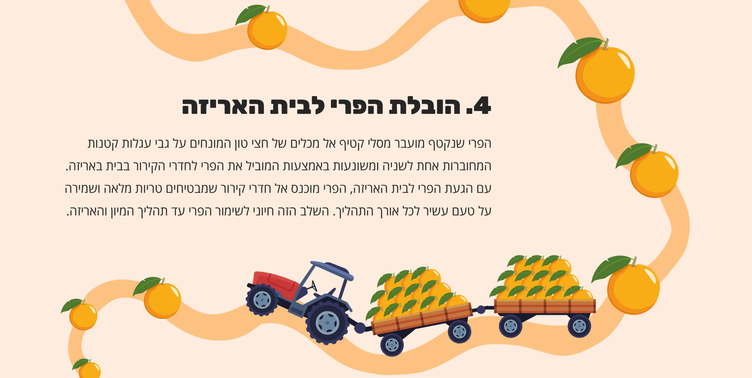 4. הובלת הפרי לבית האריזה - הפרי שנקטף מועבר מסלי קטיף אל מכלים של חצי טון המונחים על גבי עגלות קטנות המחוברות אחת לשניה ומשונעות באמצעות המוביל את הפרי לחדרי הקירור בבית באריזה. עם הגעת הפרי לבית האריזה, הפרי מוכנס אל חדרי קירור שמבטיחים טריות מלאה ושמירה על טעם עשיר לכל אורך התהליך. השלב הזה חיוני לשימור הפרי עד תהליך המיון והאריזה.